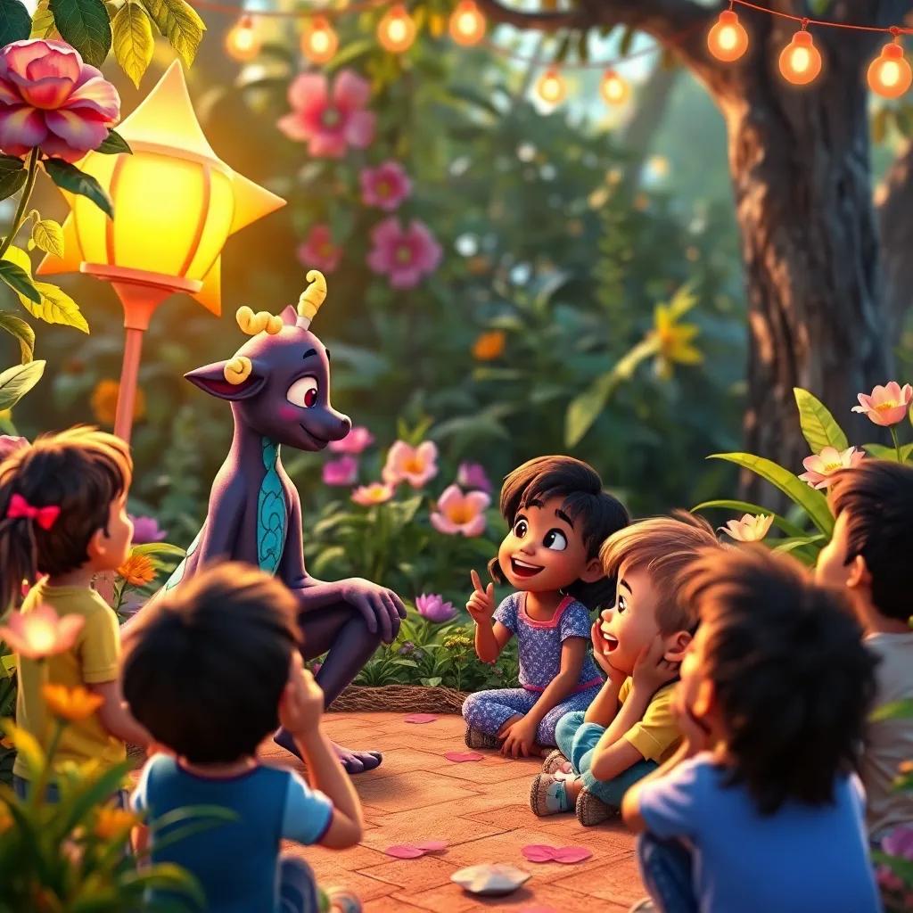 The star Lami talking to a group of excited children in a garden, sharing important lessons about dreams and hope, colorful, enchanting, friendly atmosphere, high quality