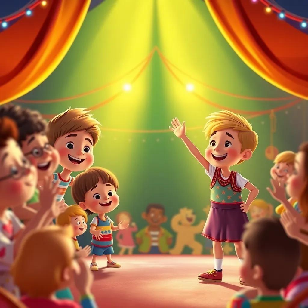 Children from the village performing in a circus, showing their talents with smiles, bright colors, a cheering audience, joyful and inspiring, high quality