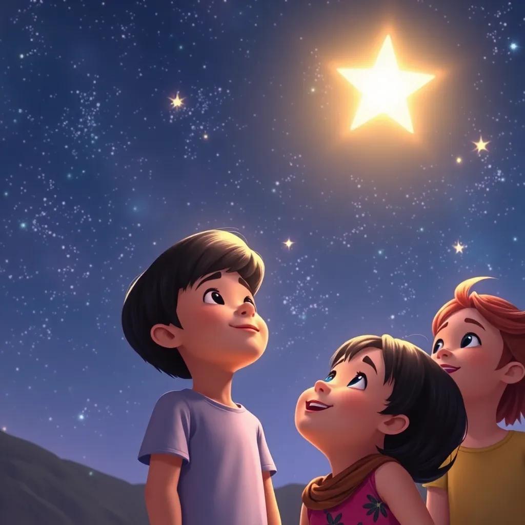 The bright star Lami shining in the night sky, while children look up with smiles, feeling hopeful and inspired, magical colors, dreamlike atmosphere, high quality