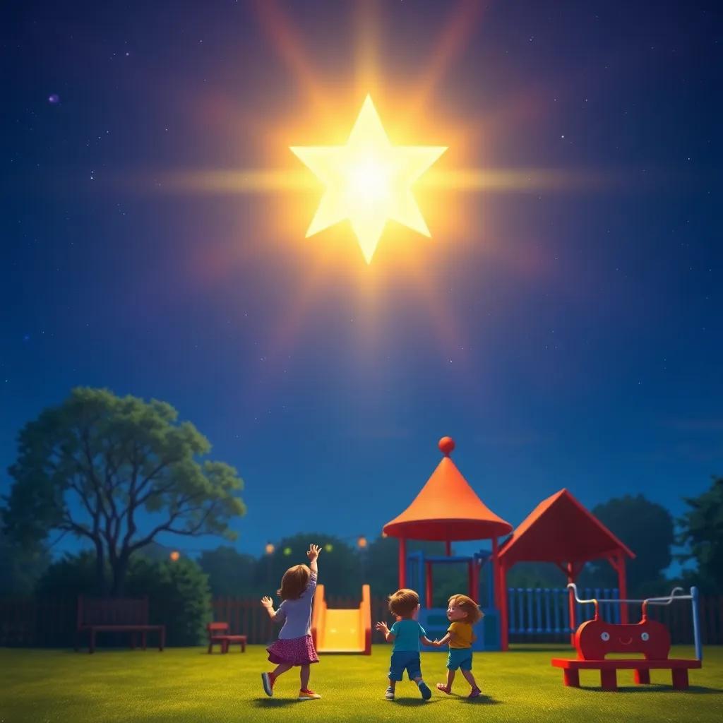 A bright star in a clear night sky, shining beautifully over a playground with happy children playing, digital art, vibrant colors, magical atmosphere, high quality