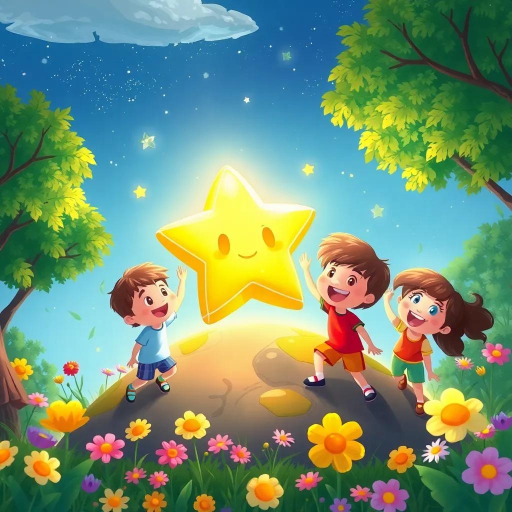 A shiny star, Bireeq, glowing brightly, landing gently on the earth among excited children, surrounded by flowers and trees, colorful illustration, cheerful, child-friendly