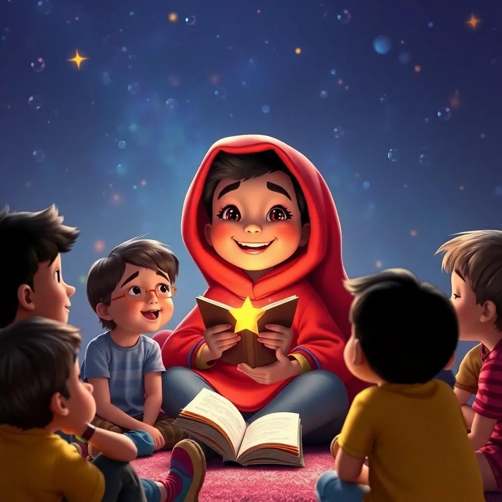 Bireeq the bright star with a big smile, sitting among children who are listening attentively, while sharing stories about hope and ambition, warm colors, inviting atmosphere, detailed