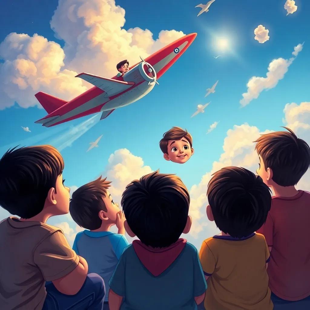 Children listening to Bireeq's story about a boy who dreamed of becoming a pilot, with illustrated scenes showing him flying in the sky, magical painting, inspiring, vibrant colors