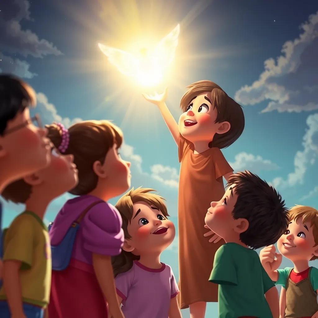 Bireeq saying goodbye to the children, radiating light while ascending back to the sky, kids looking up with smiles and tears, heartwarming scene, emotional, colorful and bright