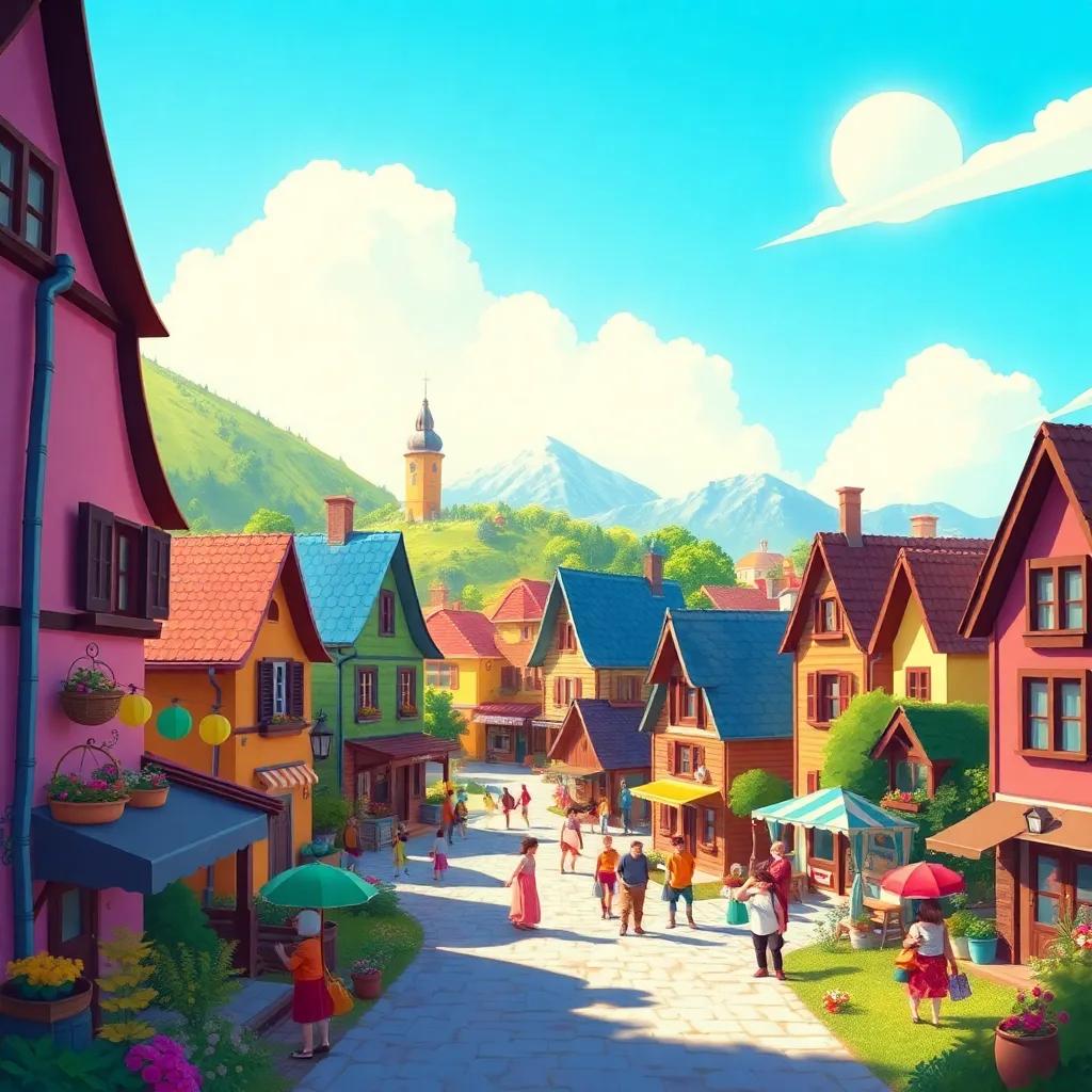 A beautiful village with colorful houses and cheerful villagers, a bright sunny day, detailed illustration, vibrant colors, a warm atmosphere, high quality
