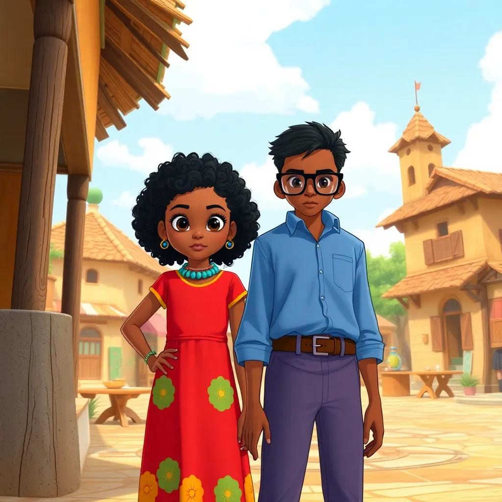 A brave girl named Maimouna with curly hair wearing a bright dress, standing strong at the village square with her friend Ahmed, a smart boy with glasses, determined expressions, detailed illustration, colorful and uplifting