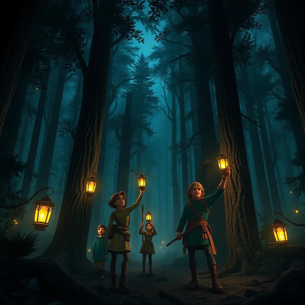 A dark forest with tall trees, the brave heroes holding shining lanterns against the darkness, an adventurous vibe, detailed art, mysterious atmosphere, high quality