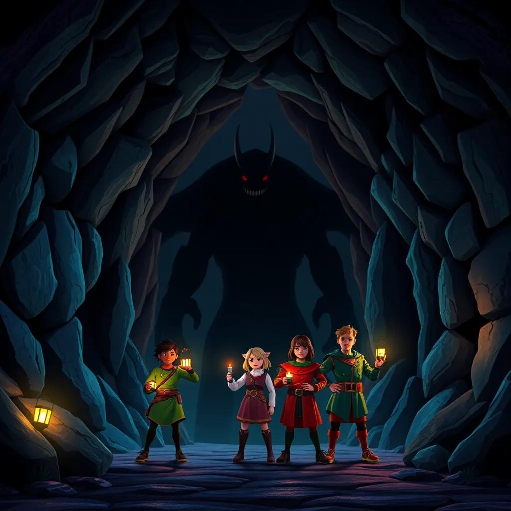 The entrance of the monster's cave, a large shadowy figure inside, the heroes standing boldly with their lanterns glowing, highlighting their courage, mysterious background, colorful, storytelling view