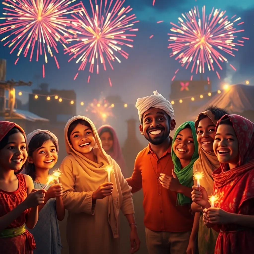The village celebrating with fireworks, happy faces of villagers, Maimouna and Ahmed in the center, joy and unity, colorful, warm light, uplifting imagery