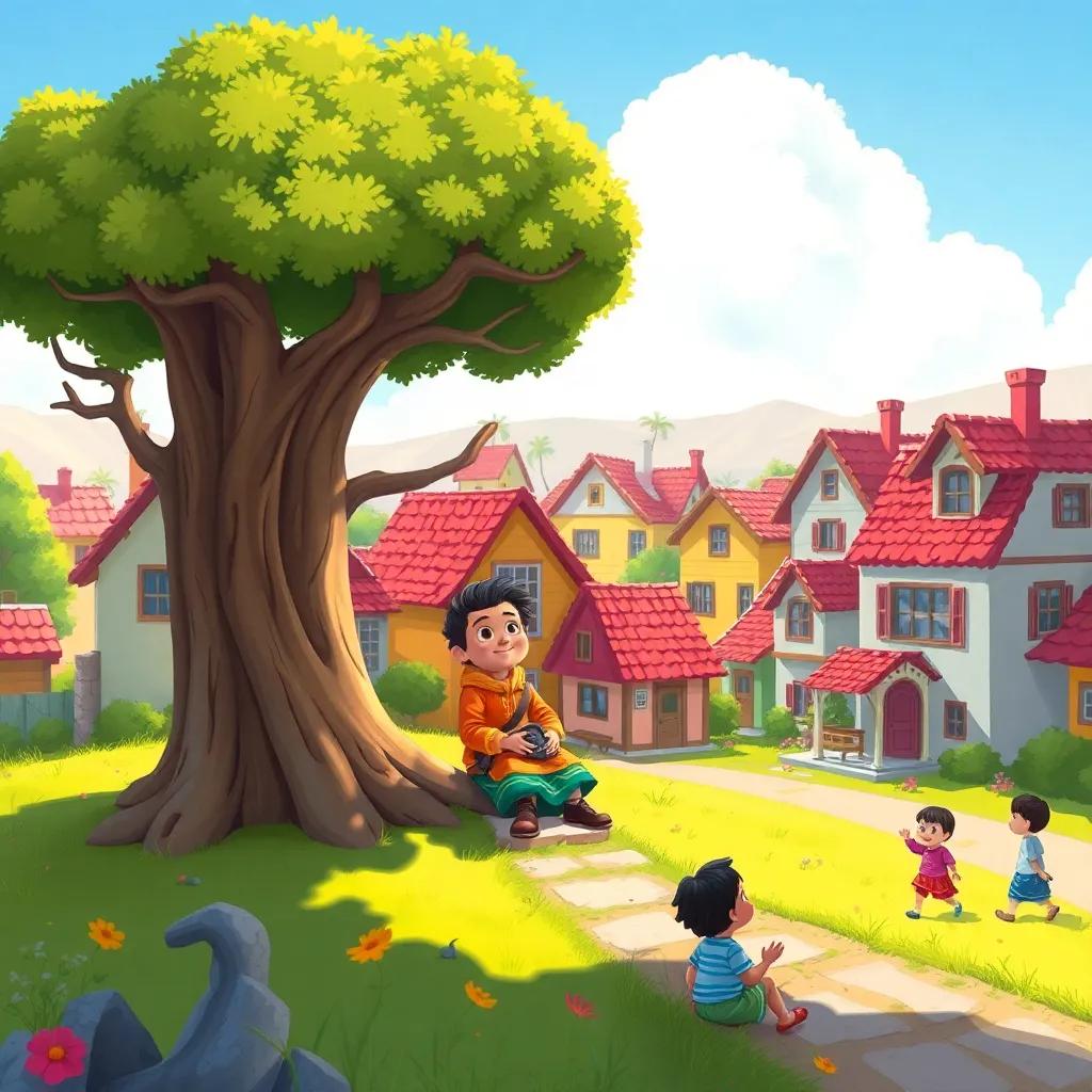 A small village with a big tree where Sami sits, looking hopeful, a bright sunny day, colorful houses around, children playing, illustration, cheerful, vibrant atmosphere, child-friendly