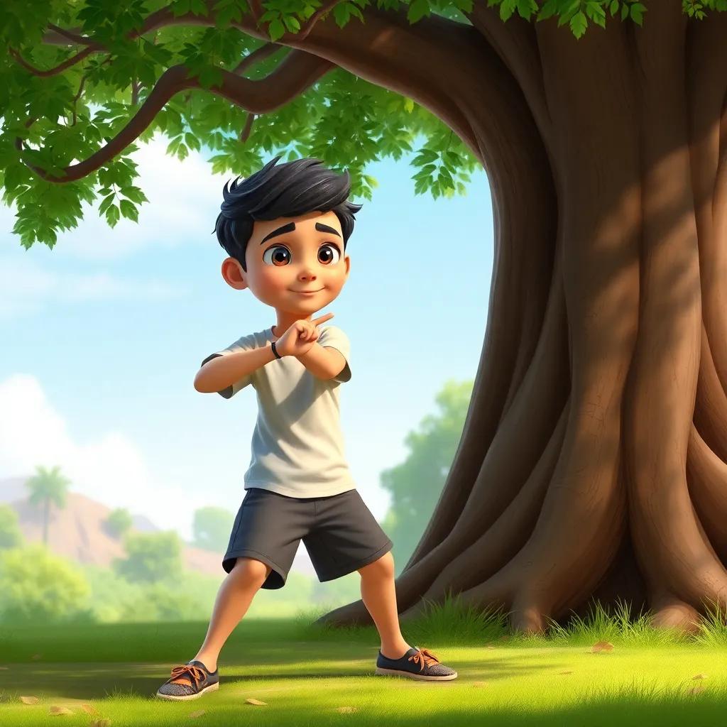 Sami, a young Arab boy, practicing martial arts moves under the big tree, focused expression, wearing a simple t-shirt and shorts, surrounded by nature, digital art, energetic, lively colors, uplifting feel