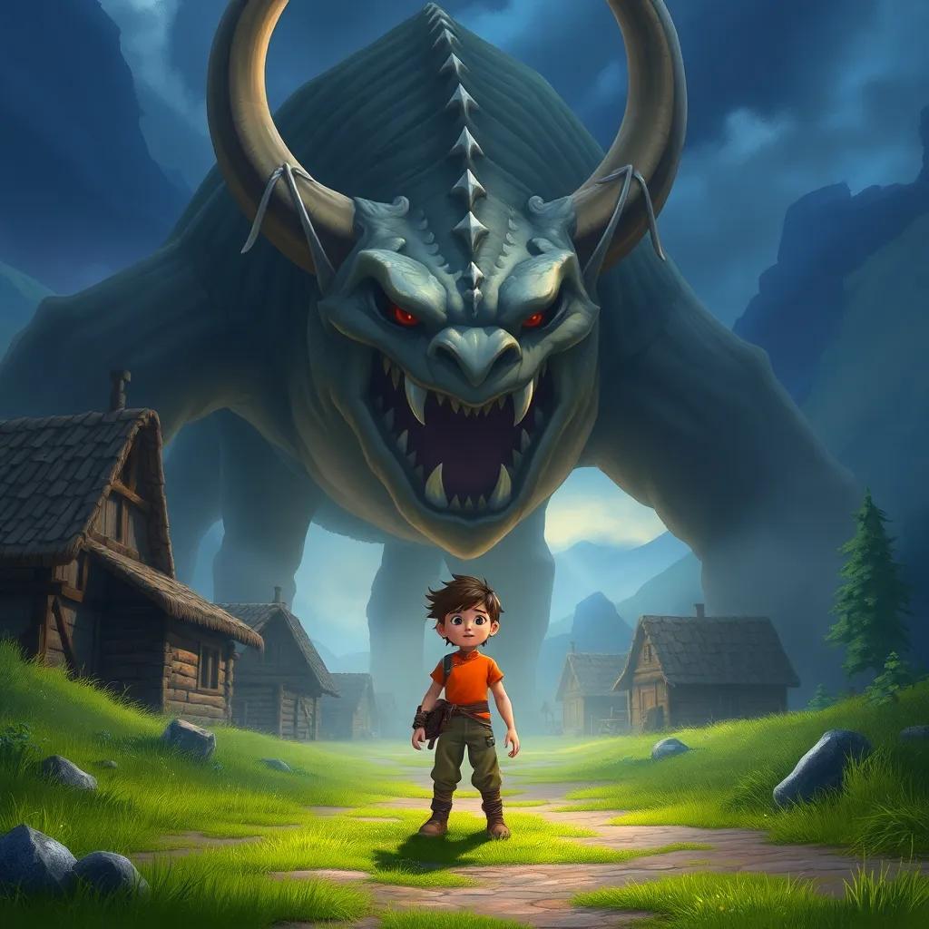 A giant creature approaching the village, with a menacing look, Sami standing bravely in front of it, detailed illustration, dramatic lighting, tense atmosphere, child-friendly