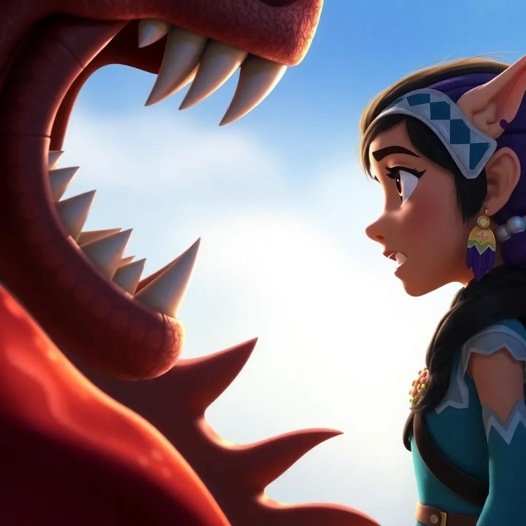 Sami facing the creature, taking a deep breath and speaking boldly, determined expression, characters showing emotion, dynamic pose, vibrant color palette, digital art, inspiring scene