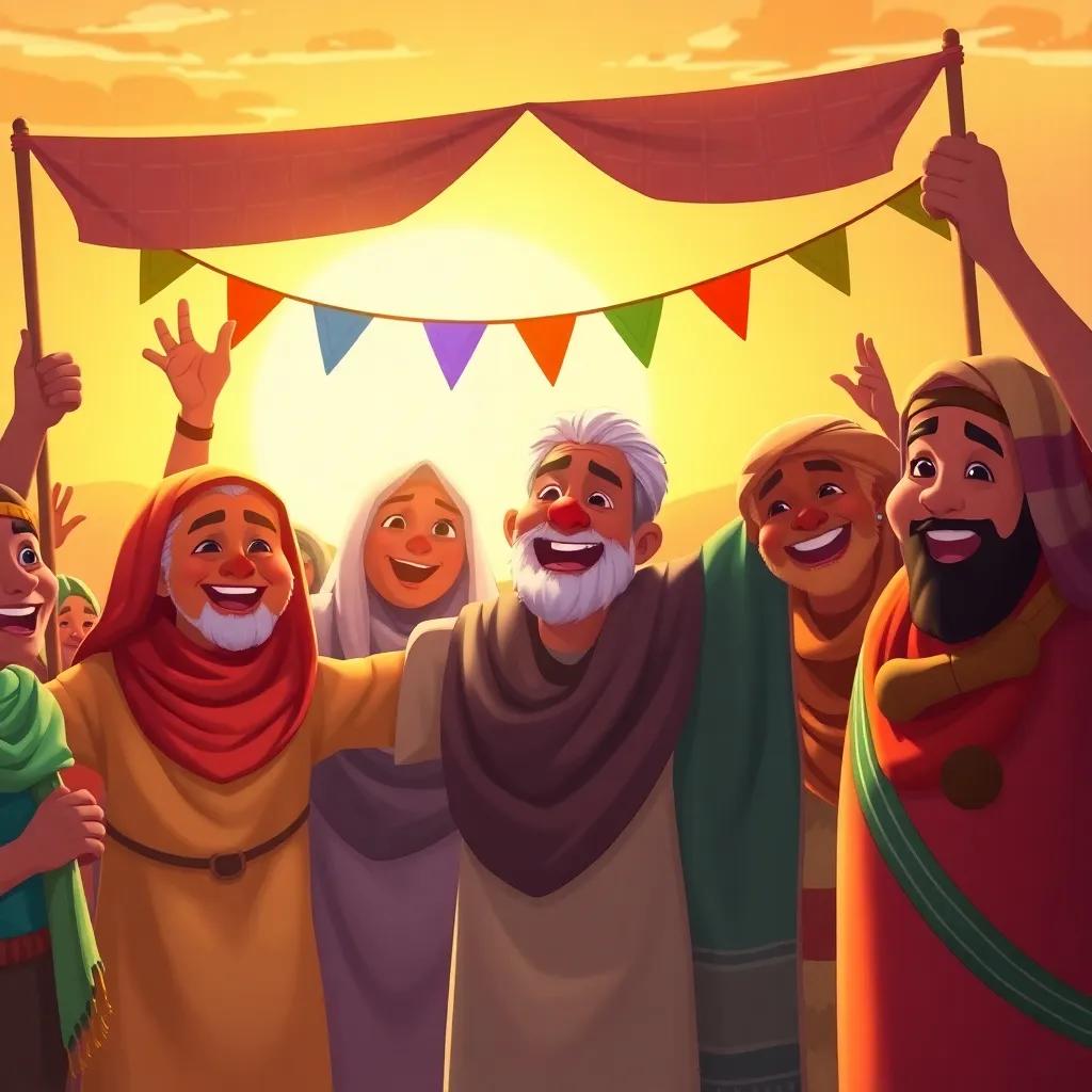 Sami celebrated by happy villagers, with banners and smiles, colors bright and joyful, warm sunset background, illustrating unity and courage, digital painting, heartwarming moment, cheerful atmosphere