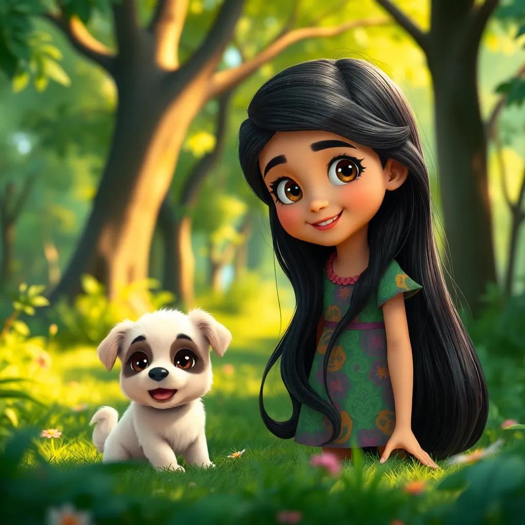 A young Arabic girl, Sara, with long, black hair wearing a colorful dress, playing in a lush green forest with a small, fluffy puppy, vibrant colors, cheerful atmosphere, high quality