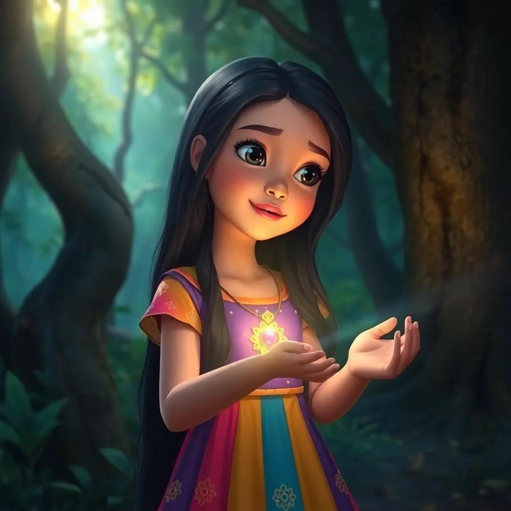 A young Arabic girl, Sara, with long, black hair wearing a colorful dress, discovering a beautiful rainbow-colored necklace shimmering among the trees, magical light, enchanted forest, fantasy view, high quality