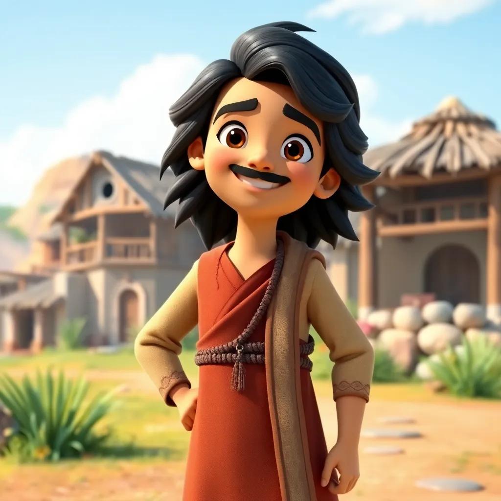 A brave Omani character named Jassim, with dark hair, wearing traditional Omani dress, standing confidently in a small village, beautiful scenery, bright colors, cheerful atmosphere, digital art, high quality