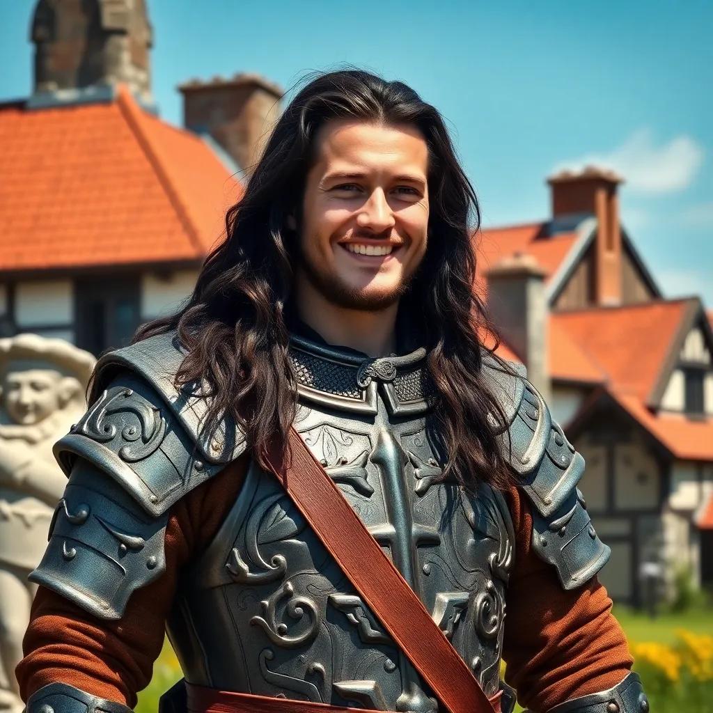 A Scottish warrior, William Wallace, a tall man with long, dark hair, wearing traditional 13th-century armor, standing proudly in his village, joyful expression, vibrant colors, sunny atmosphere, historical scenery, high-quality