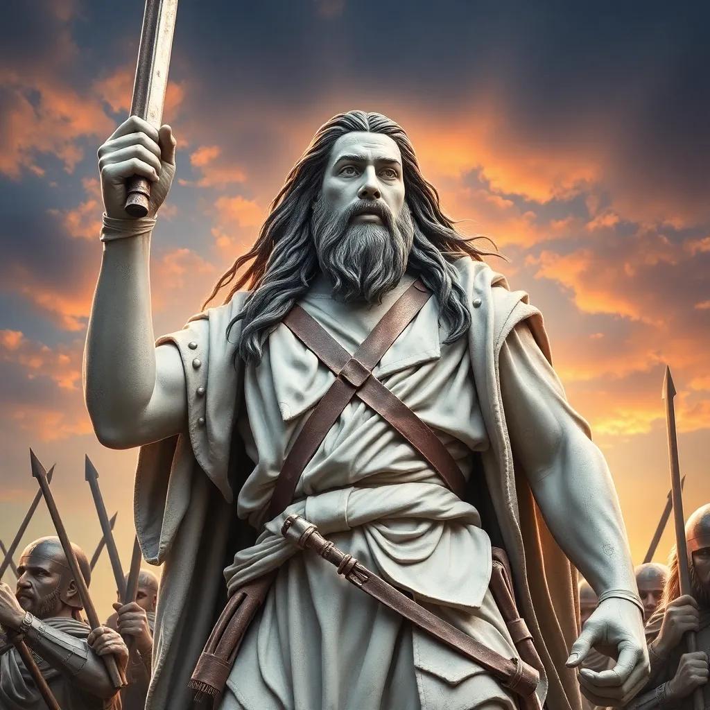 William Wallace, a tall Scottish warrior with long dark hair, holding a sword and rallying brave men for battle, intense expressions, battle gear shining, dramatic sky, high-impact scene, action-oriented, vivid details