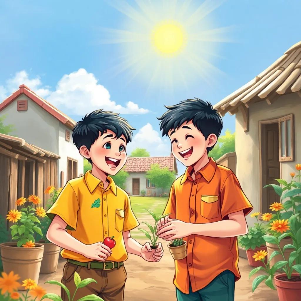 In a small village, two happy boys, أسعد and أمجد, are excitedly discussing their gardening idea. They are wearing colorful shirts, bright outdoor clothing, with radiant smiles, sunlight shining down on them, cheerful atmosphere, illustrations, lively colors, warm and inviting scene, high quality.