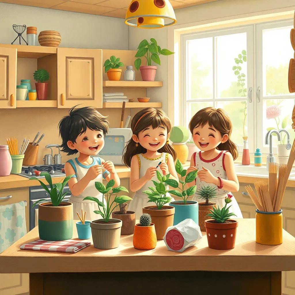 A joyful family gathering in a kitchen, أسعد, أمجد, and their little sister ليلى, all working together to create plant pots from recycled materials. The kitchen is bright and colorful, filled with art supplies and laughter, warm light, uplifting, detailed illustration, child-friendly, high quality.