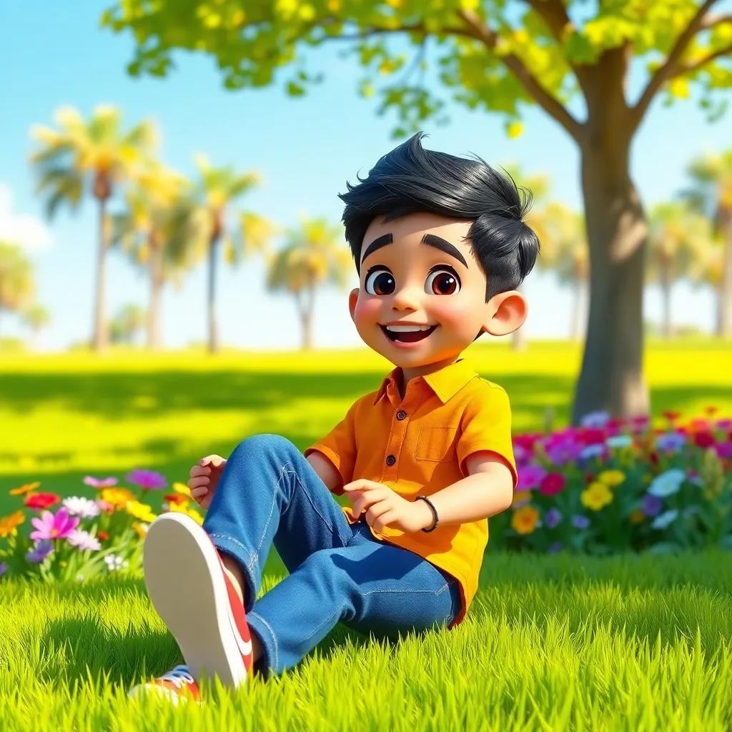 A happy young Arab boy, Sami, with short black hair, wearing a bright shirt and jeans, playing joyfully in a sunny park with green grass and colorful flowers, cheerful, digital art, vibrant colors, playful atmosphere, high quality