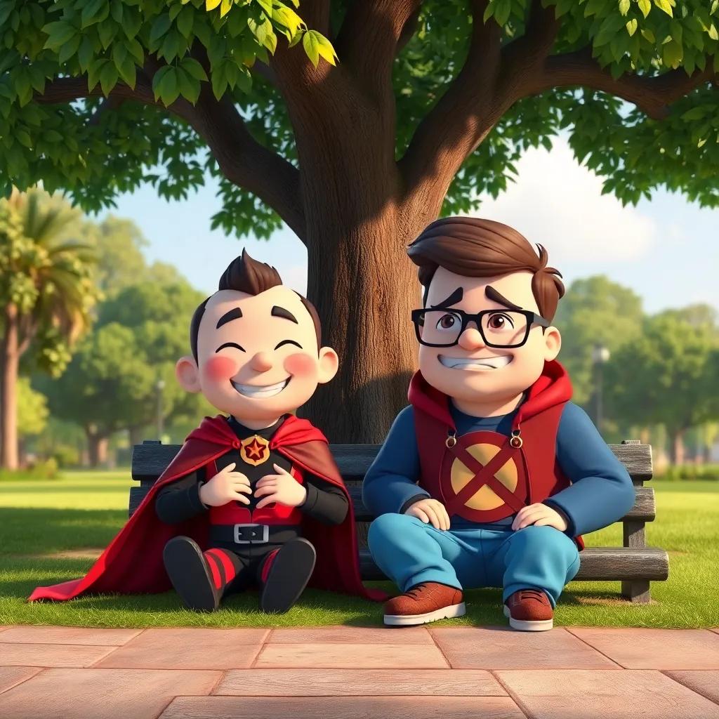 An animated scene depicting two personified concepts, Style of Command and Style of Prohibition, sitting under a tree in the park. Style of Command is smiling, wearing a superhero cape, while Style of Prohibition is frowning slightly, wearing glasses, both in a colorful and engaging style, whimsical, cartoonish, high quality