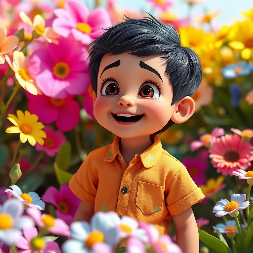 A cheerful child, a young Arab boy with black hair, wearing a bright shirt and shorts, looking amazed while surrounded by colorful flowers, digital art, vibrant colors, sunny atmosphere, high quality