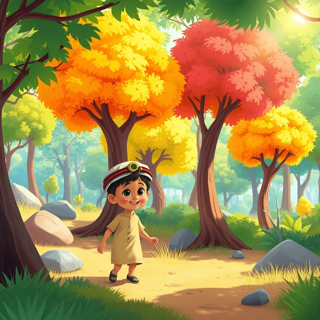 A lively forest scene with a young Arab boy exploring, beautiful trees in bright colors, sunlight filtering through the leaves, illustration, bright and cheerful, child-friendly