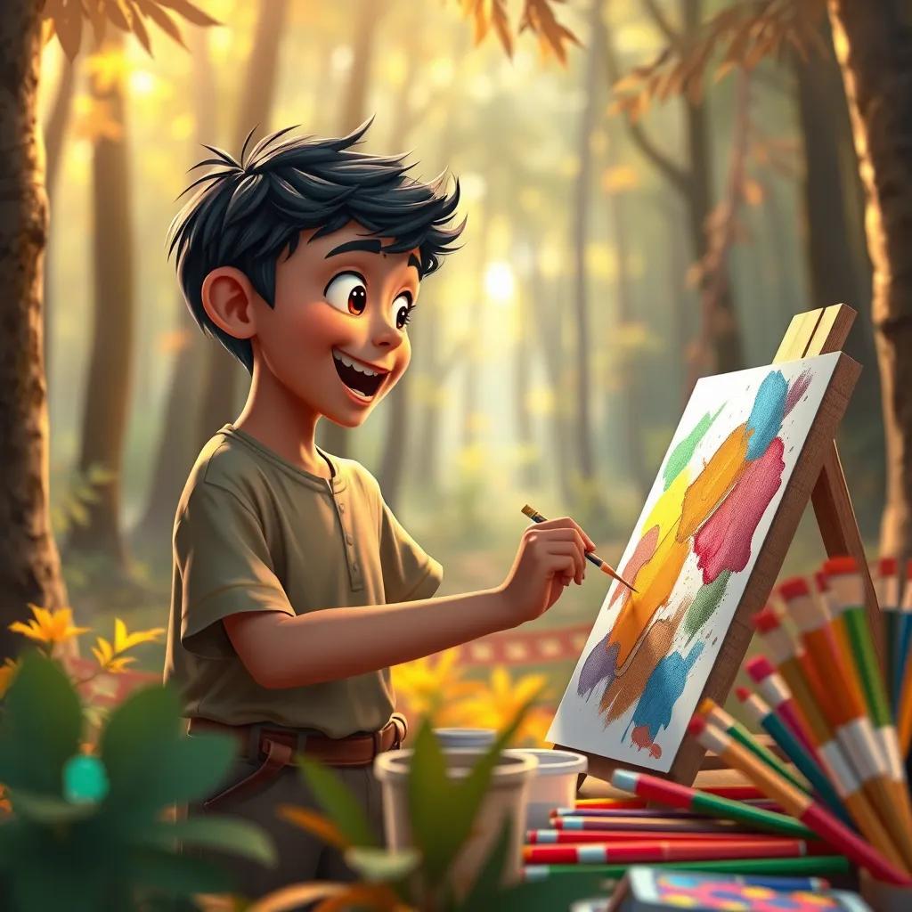 A young Arab boy with black hair, excitedly looking at another boy painting with vivid colors in a forest, surrounded by colorful art supplies, warm light, artistic atmosphere, high quality