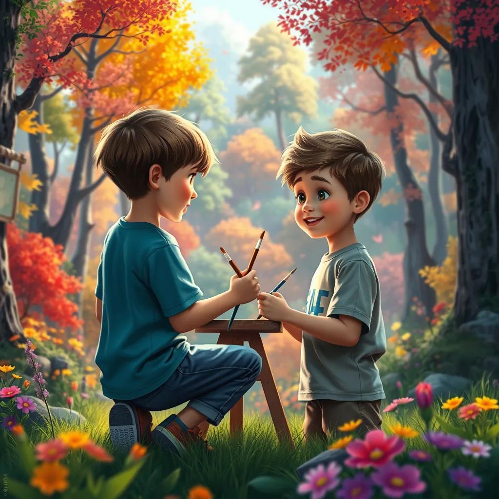 Two boys painting together in the forest, with a stunning view of colorful trees and flowers, creating a magical atmosphere, detailed digital art, joyful colors, high quality