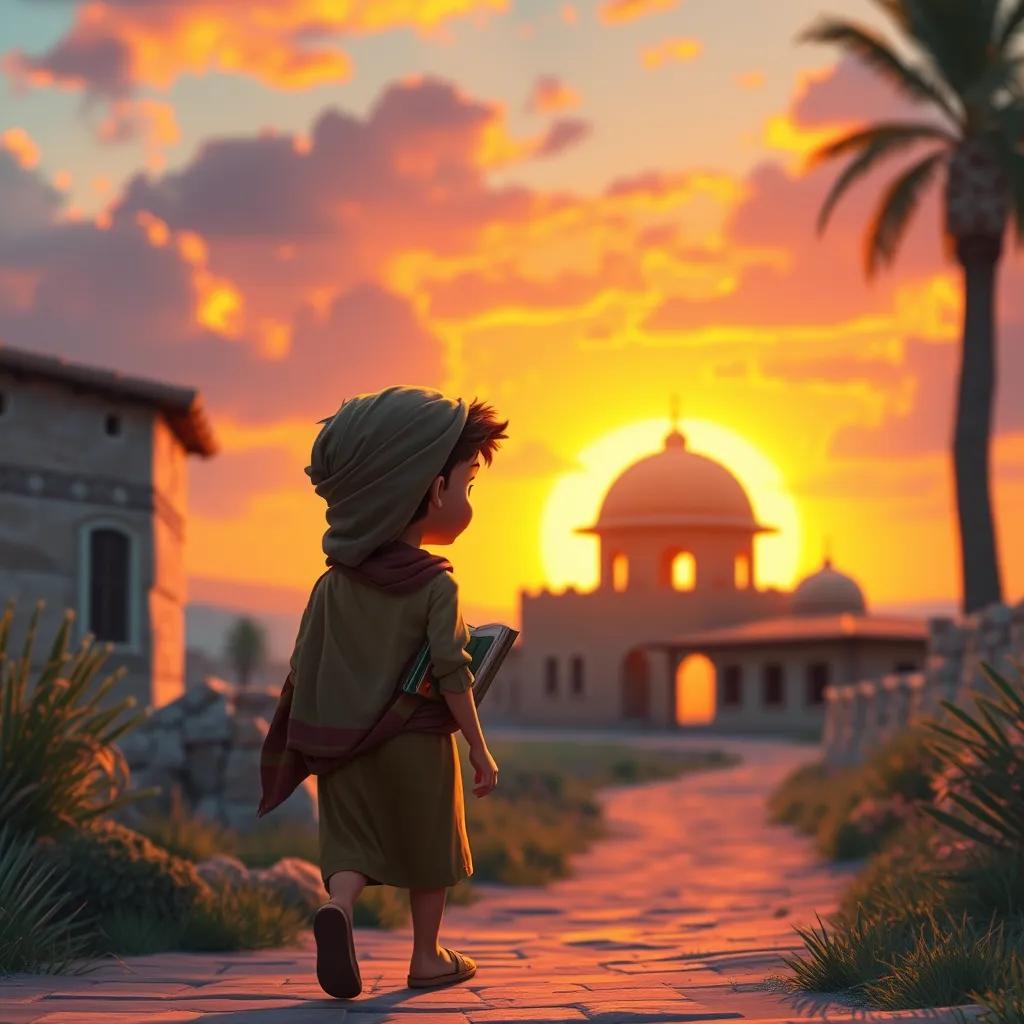 A young Arab boy walking back to his village at sunset, sharing stories with friends, bright colors of the sunset reflecting his joy, heartwarming, rich colors, storytelling view, high quality