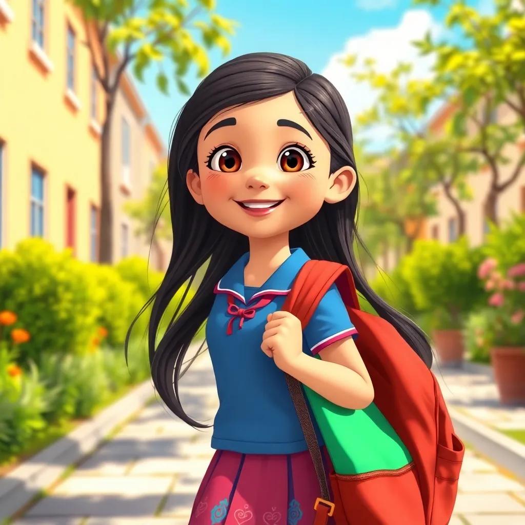 A young Arab girl, أسماء, with long dark hair wearing a colorful school uniform, happily walking to school with her backpack, bright sunny day, cheerful atmosphere, digital art, vibrant colors, joyful perspective, high quality