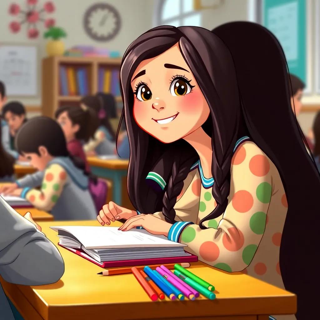 أسماء, a young Arab girl with long dark hair in a colorful school uniform, sitting at a desk with school books and colorful pencils, surrounded by friends, smiling and studying, warm classroom, joy and learning atmosphere, illustration, bright colors, engaging perspective, child-friendly