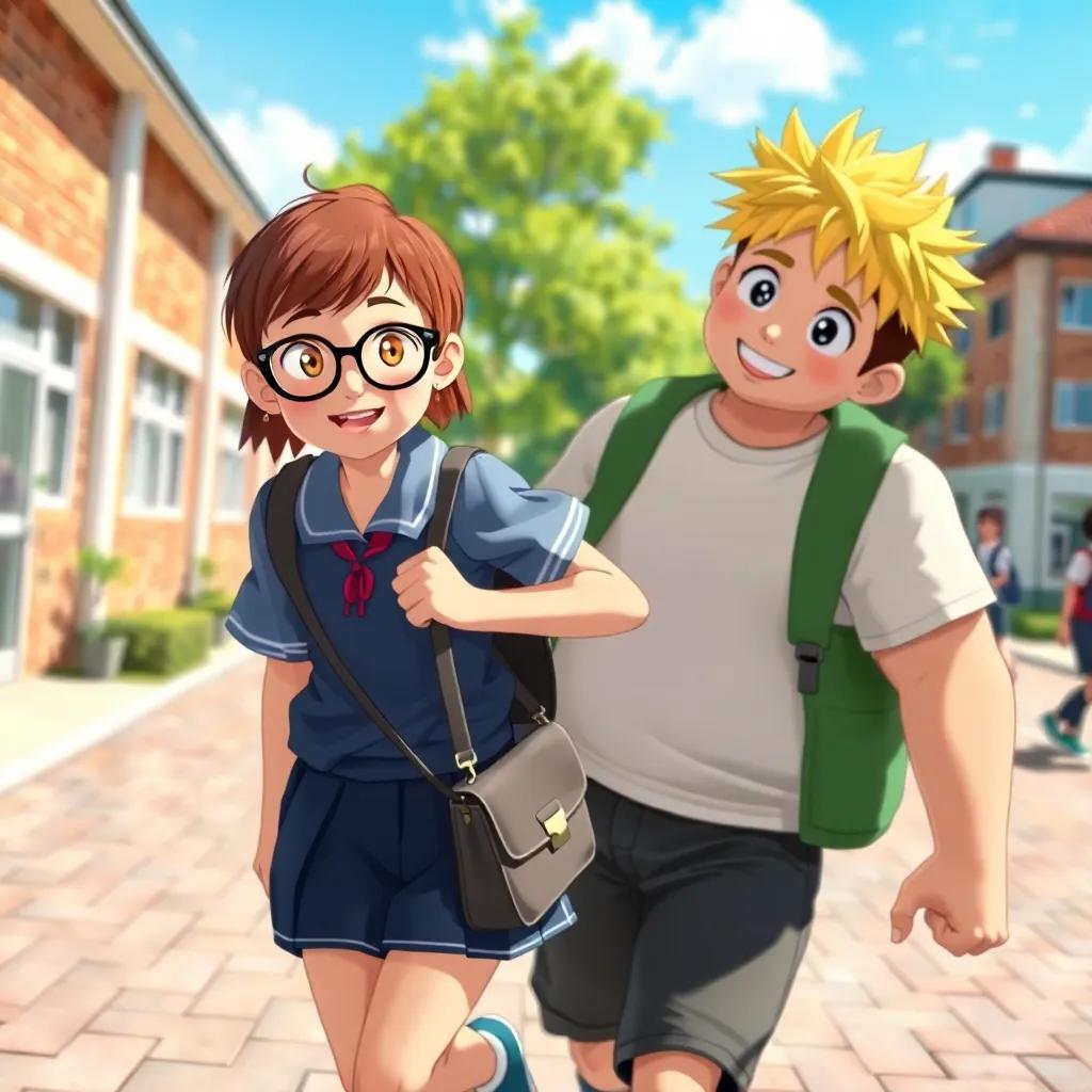 A young girl, Asya, with short hair and glasses, wearing a school uniform and a handbag, colliding with a tall boy, Rayan, who has yellow hair and a strong build, in a schoolyard, bright day, cheerful atmosphere, digital art, high detail, vibrant colors, child-friendly