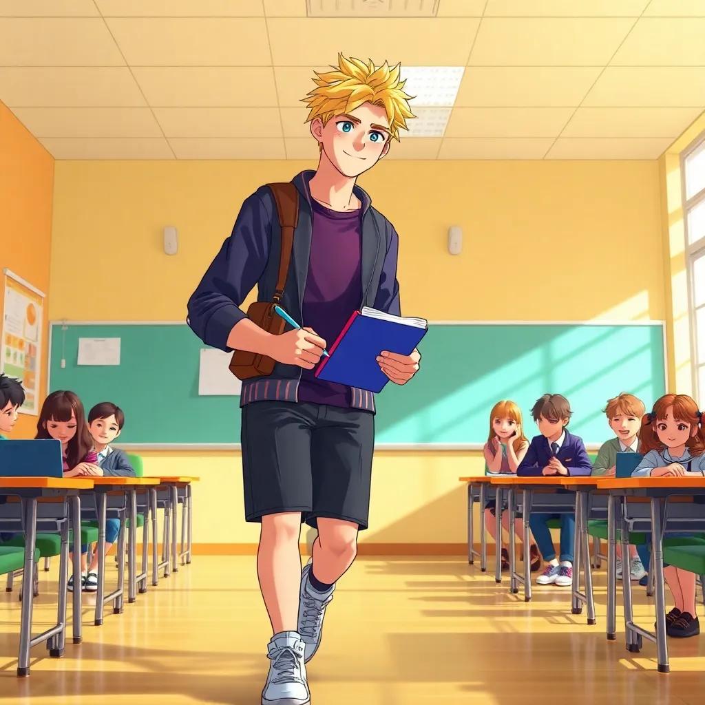 Rayan, a tall boy with yellow hair and a masculine school outfit, walking towards Asya's desk in a classroom, holding her notebook, smiling with kindness, friends watching, warm light, friendly atmosphere, illustration, high quality