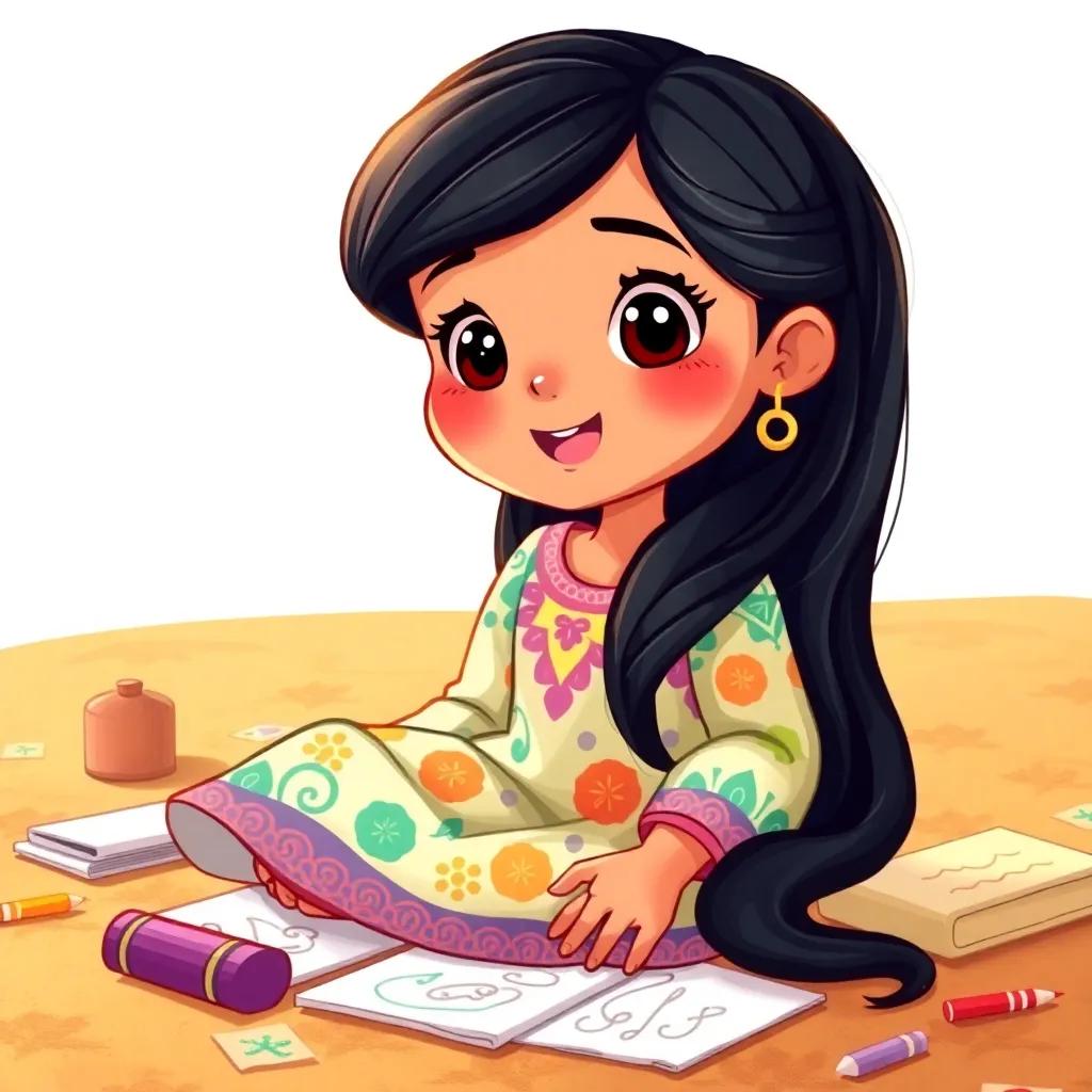 A young Omani girl, Aseel, with long, black hair, wearing a colorful traditional dress, sitting on the ground surrounded by her drawings, looking excited, digital art, bright colors, warm and inviting atmosphere, high quality
