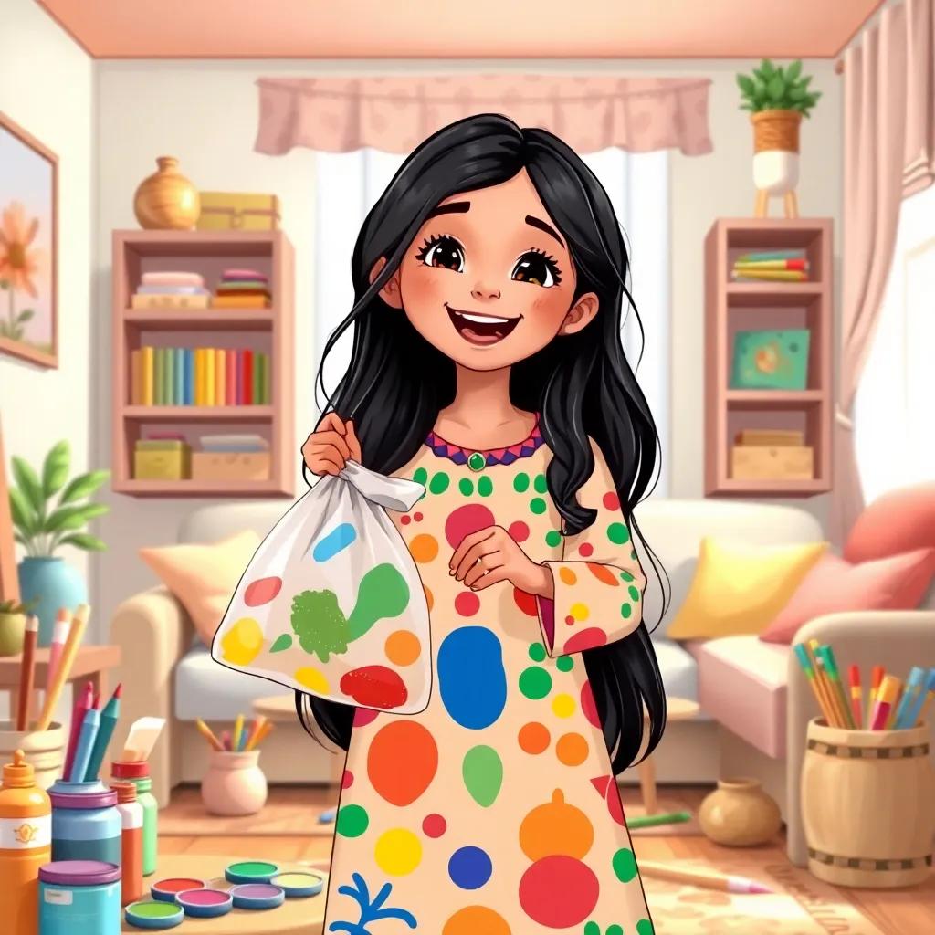 Aseel, a young Omani girl with long, black hair in a colorful traditional dress, joyfully holding a bag of new paints in her hands, smiling widely, in a cozy living room filled with colorful art supplies, cheerful scene, high quality