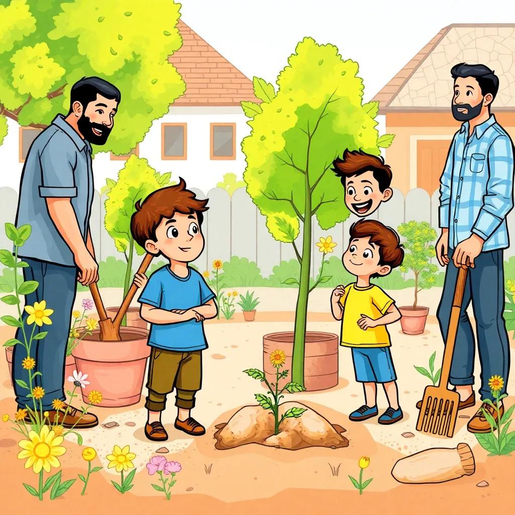 Two young Arab boys, Abdullah with a blue shirt and Fad wearing a yellow t-shirt, talking excitedly with their fathers about planting trees in their neighborhood, community garden scene with flowers and tools, illustration, friendly, vibrant, engaging