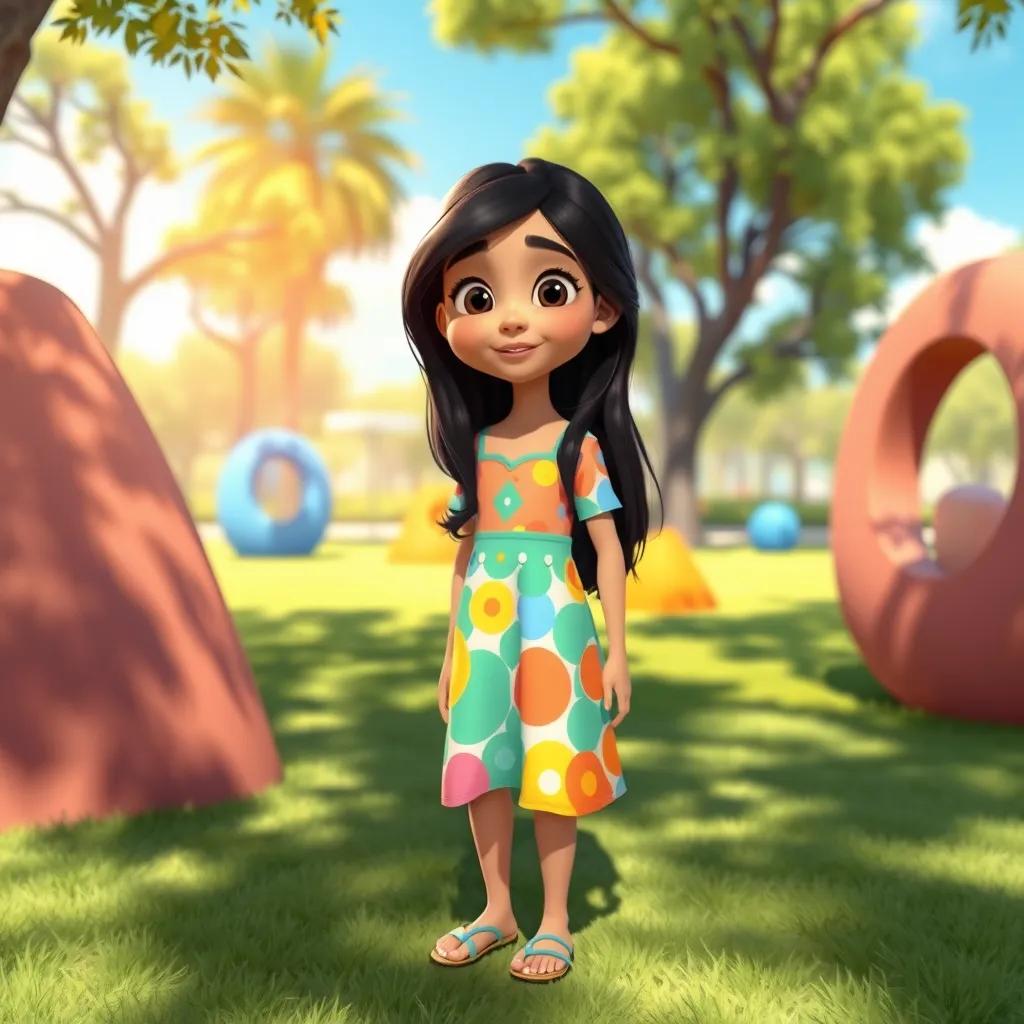 A young Arab girl, Leila, with long black hair, wearing a colorful dress, standing in a sunny park surrounded by various shapes casting shadows, digital art, bright colors, cheerful atmosphere, high quality