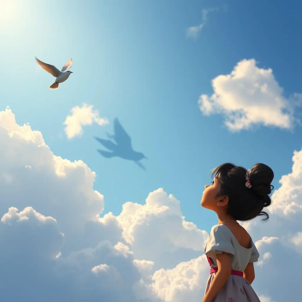 A singing bird flying in the blue sky leaving a shadow behind, with Leila watching in awe below, beautiful clouds, vivid colors, detailed, enchanting