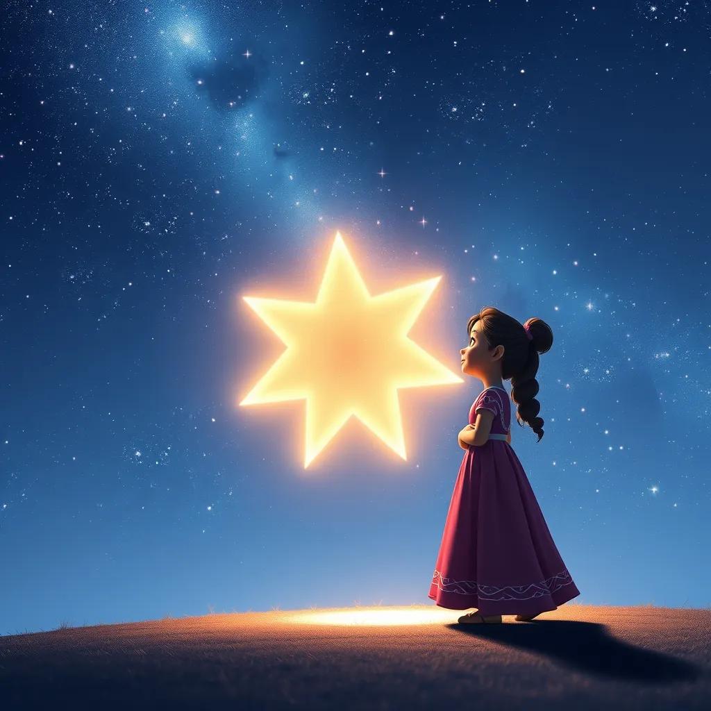 A glowing star shape slowly spinning, casting a sparkling shadow on the ground, with Leila observing in delight beneath a shimmering sky, magical, high quality, dreamy