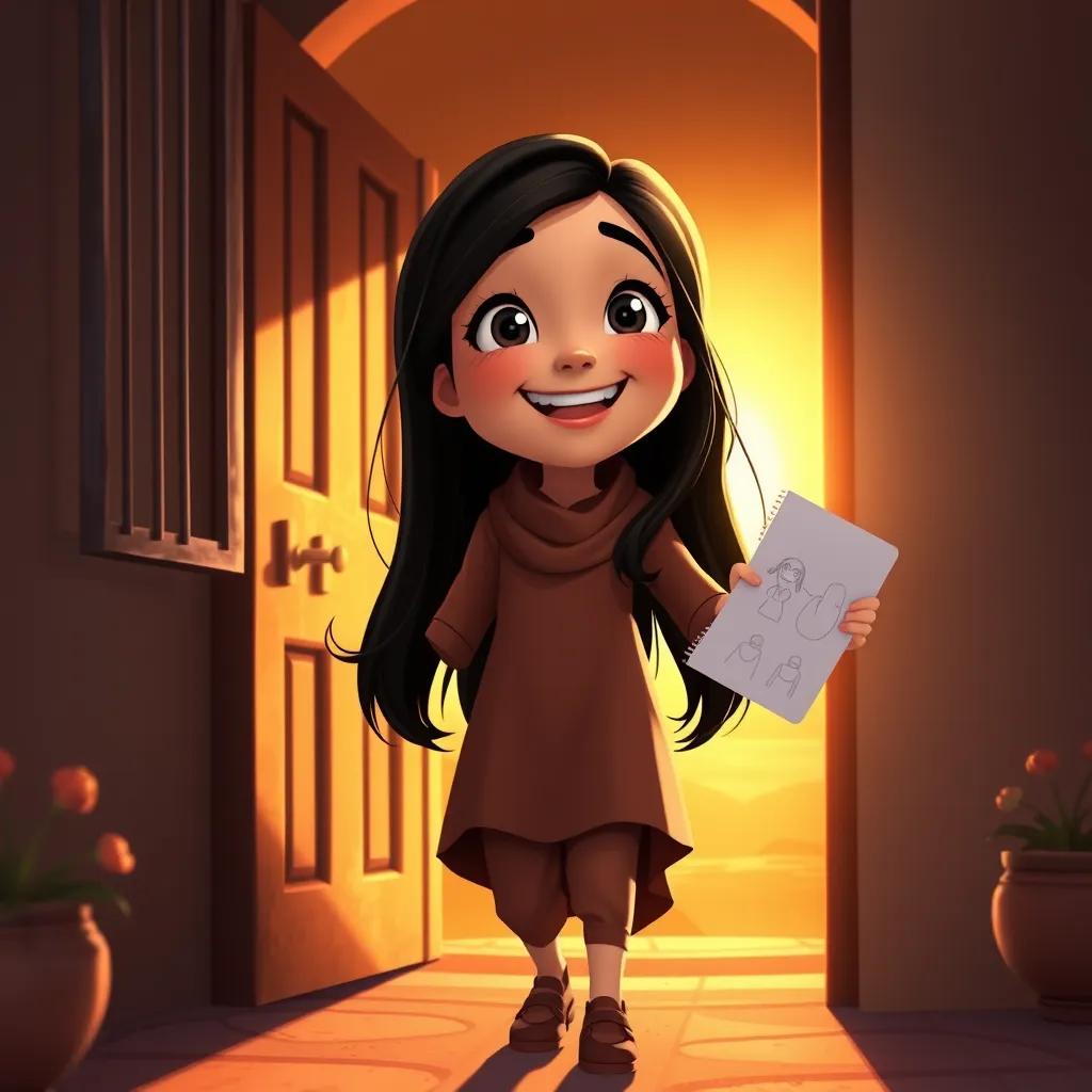 Leila, a young Arab girl, with long black hair, entering her house joyfully with her drawings, a bright sunset casting a warm glow around her, happy and heartwarming, high quality