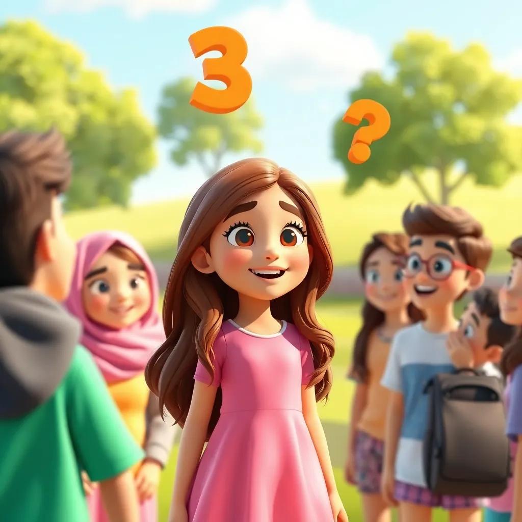 A young Arab girl, Mariam, with long brown hair wearing a pink dress, surrounded by her friends in a sunny park, talking excitedly about 3D shapes, digital art, vibrant colors, cheerful atmosphere, high quality