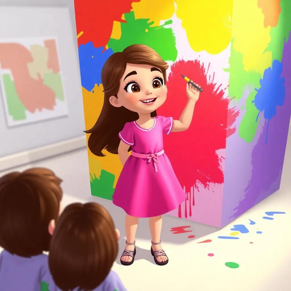 A young Arab girl, Mariam, with long brown hair in a pink dress, painting a big colorful cube with bright rainbow colors, her friends watching in awe, illustration, lively, fun and engaging scene, child-friendly