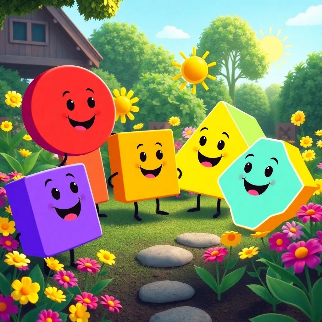 A cheerful garden scene with colorful shapes talking, featuring a happy circle, square, rectangle, triangle, pentagon, and hexagon, bright flowers and sunshine, cartoon style, vibrant colors, inviting atmosphere, high quality