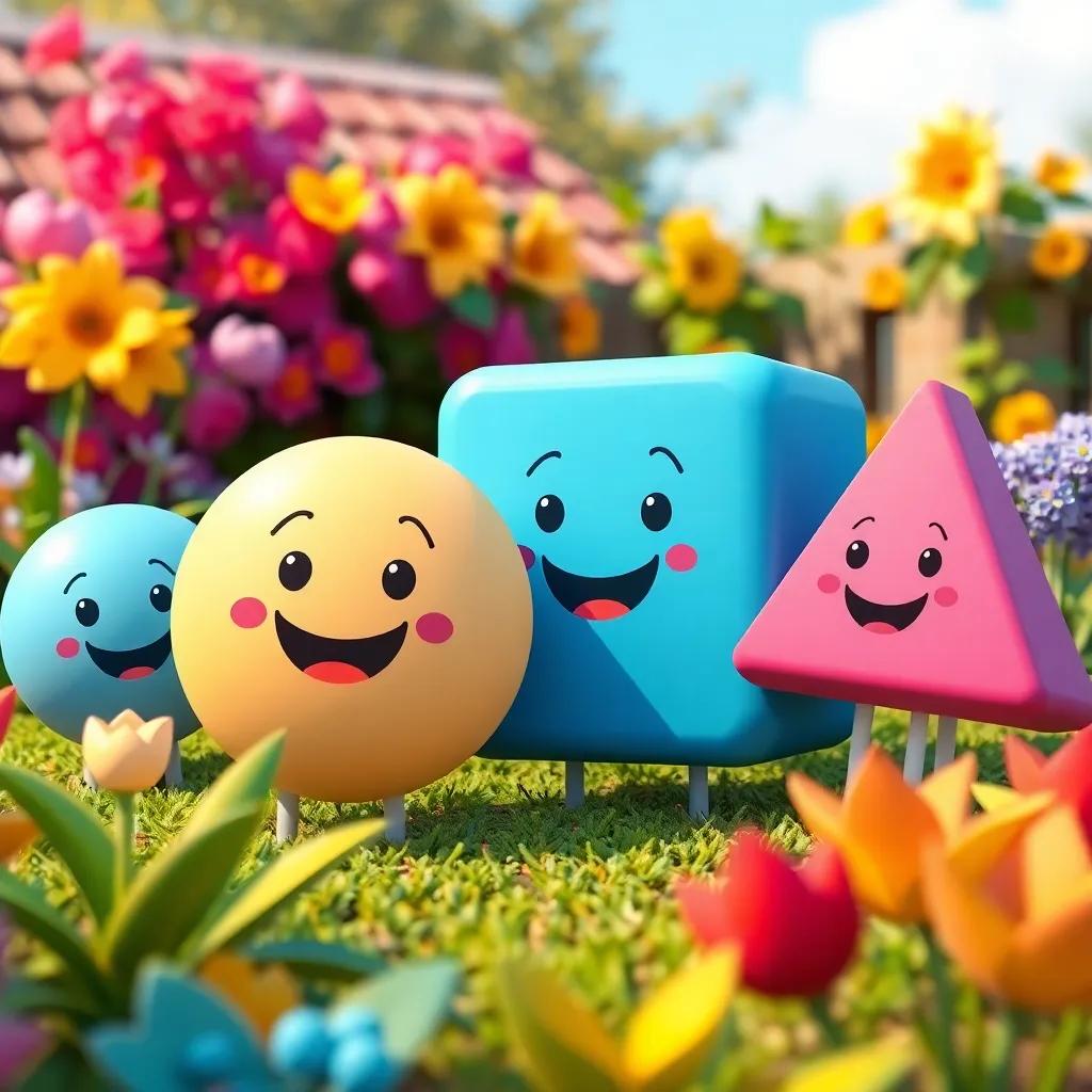 A group of happy 2D shapes in a garden, with the circle showing its roundness, the square with its strong corners, the rectangle with its length, and the triangle with its three sides. The scene is bright and colorful, cartoonish and engaging, high quality and lively.