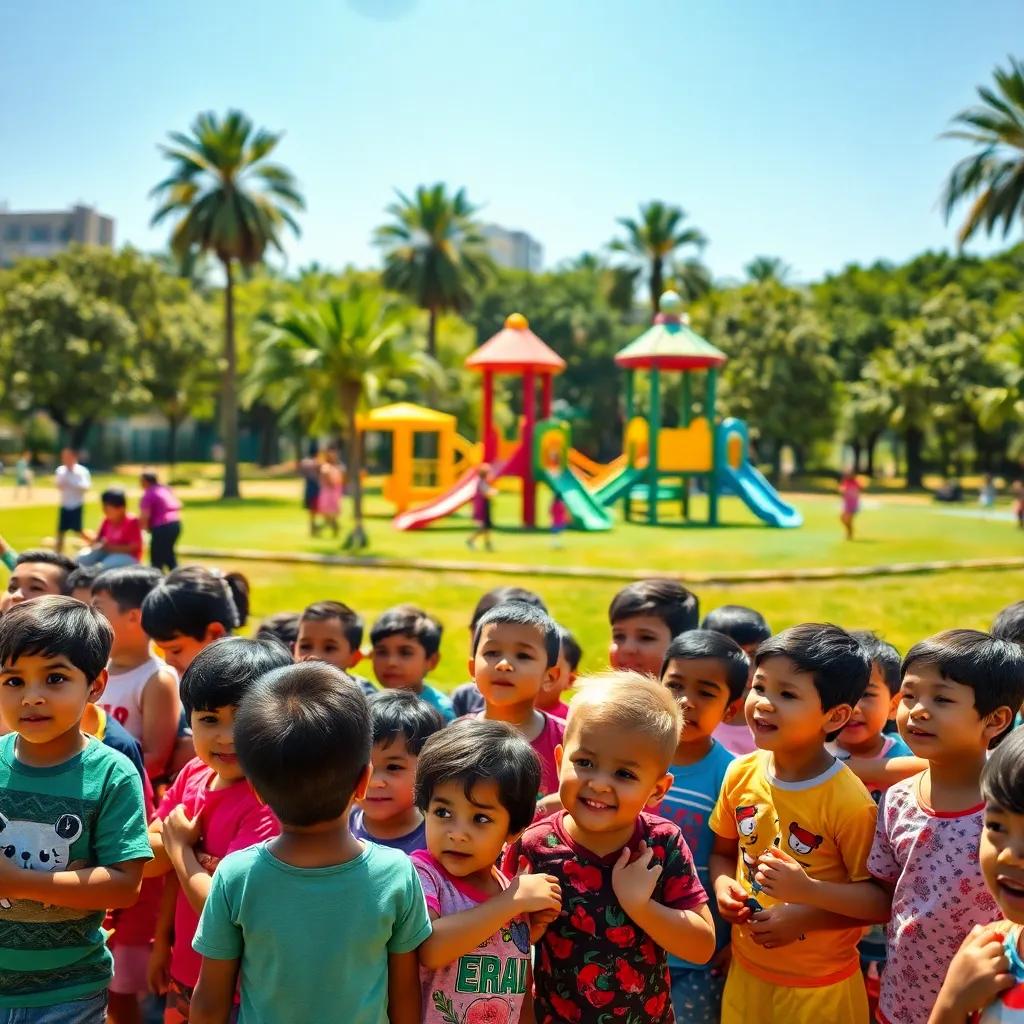 A sunny day in Cairo, children gathered in a wide park, excitedly waiting, colorful playground equipment in the background, cheerful atmosphere, digital art, vibrant colors, high quality