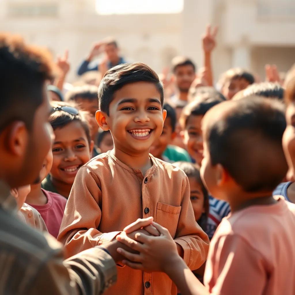 Ahmed, a young Egyptian boy, smiling widely while shaking hands with President Sisi, simple clothes, joyful expression, surrounded by other excited children, warm sunlight, a celebratory scene, digital painting, heartwarming, lively