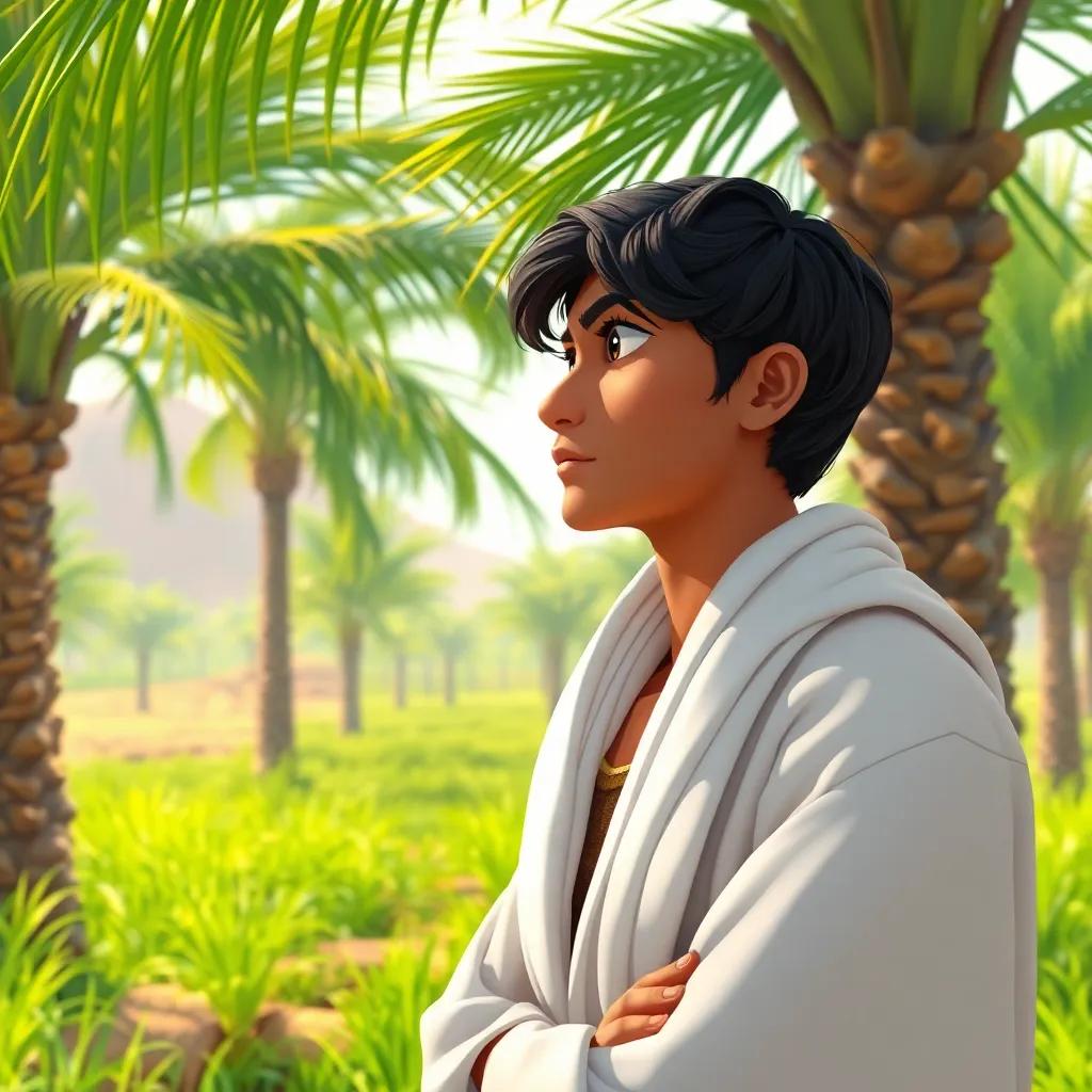 A young Omani man, Salem, with dark hair, wearing traditional Omani dress, looking thoughtfully at a palm tree in his family's field, detailed digital art, bright green and earthy colors, inviting atmosphere, high quality